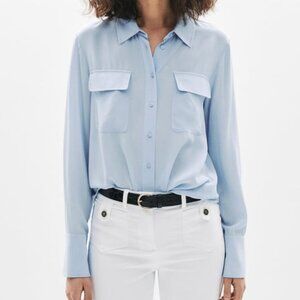 2XL Lightweight Button Down Silky Blouse Blue